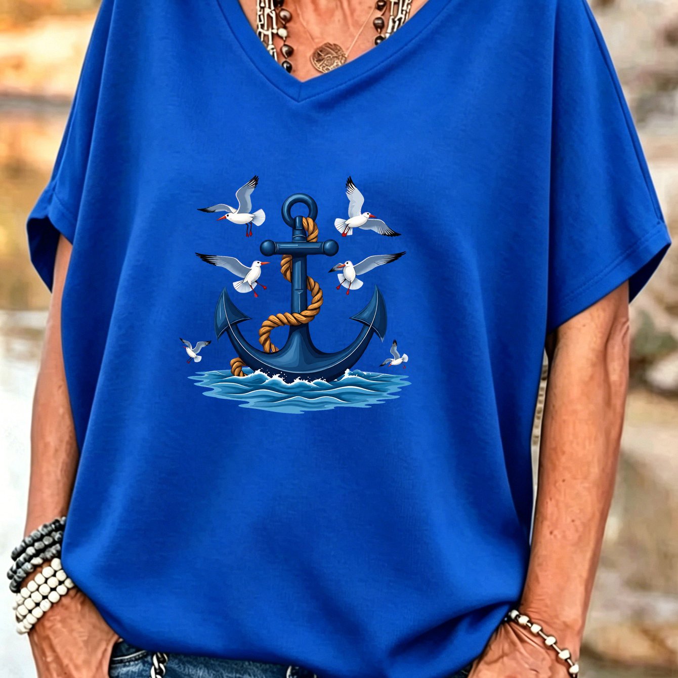TEMU Plus Size, Plus Size Women's V Neck Batwing Sleeve T Shirt Nautical Blue Anchor Seagull Ocean Print Oversized Curvy Casual Blouse Sailor For