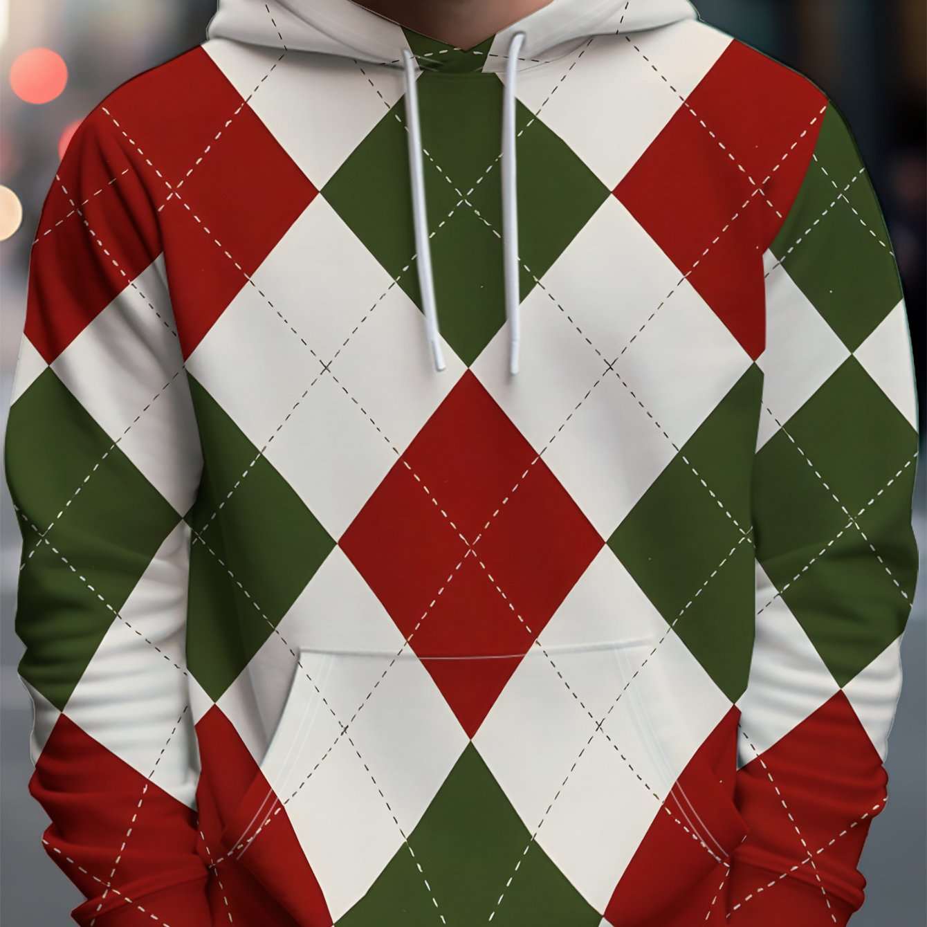 TEMU Unlock A New Paradigm For Men's Streetwear - , White, And Green Rhombus Plaid Features White Stitching Accents. A -style Pullover Hoodie With An
