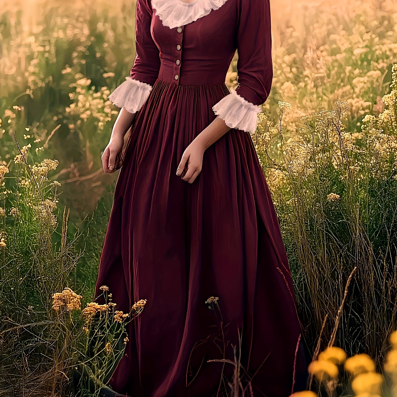 E-shop Elegantes Vintage-Kleid im Waldstil | Rundhalsausschnitt, lange Ärmel, A-Linie mit kontrastierenden Spitzendetails, für Herbsthochzeiten und