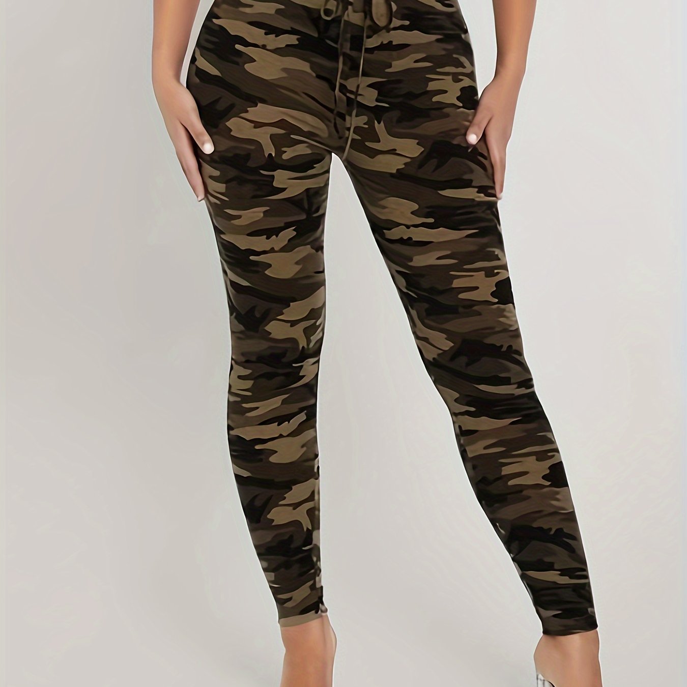 Plus Size Casual Leggings, Women's Plus Camo Elastic High Rise High Stretch  Leggings