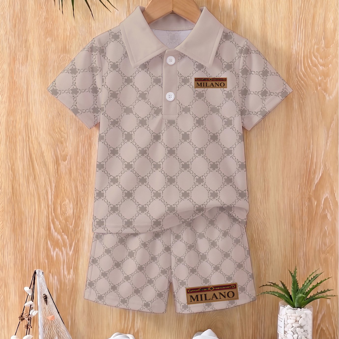 Image of Monogram All Over Printed Toddler Boys Shirt Set Baby Casual Sportswear Comfortable Daily Outfit Cool, Perfect For Outdoor