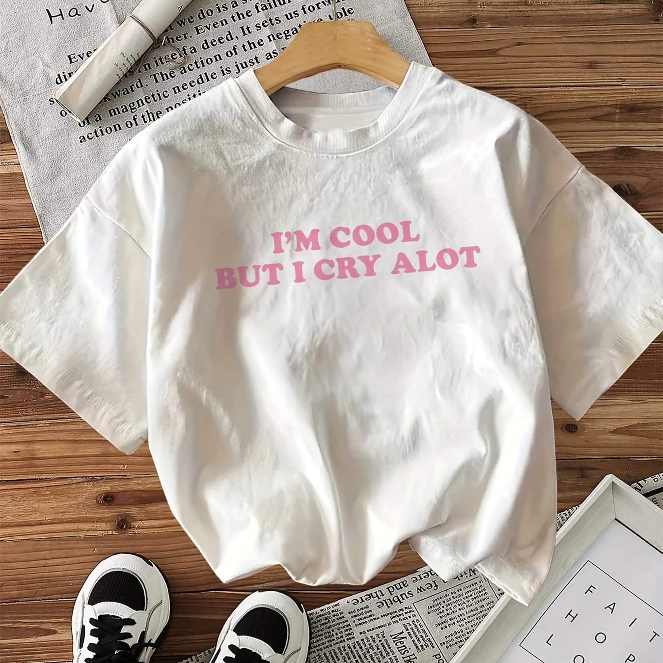 Image of Women&;s "i&; But I Cry " Graphic T-shirt - Black With Pink Lettering, Short Sleeve Crew Neck Casual Top, Soft Breathable Fabric, Machine Washable, , Humorous Clothing, Print, Soft Fabric Tee