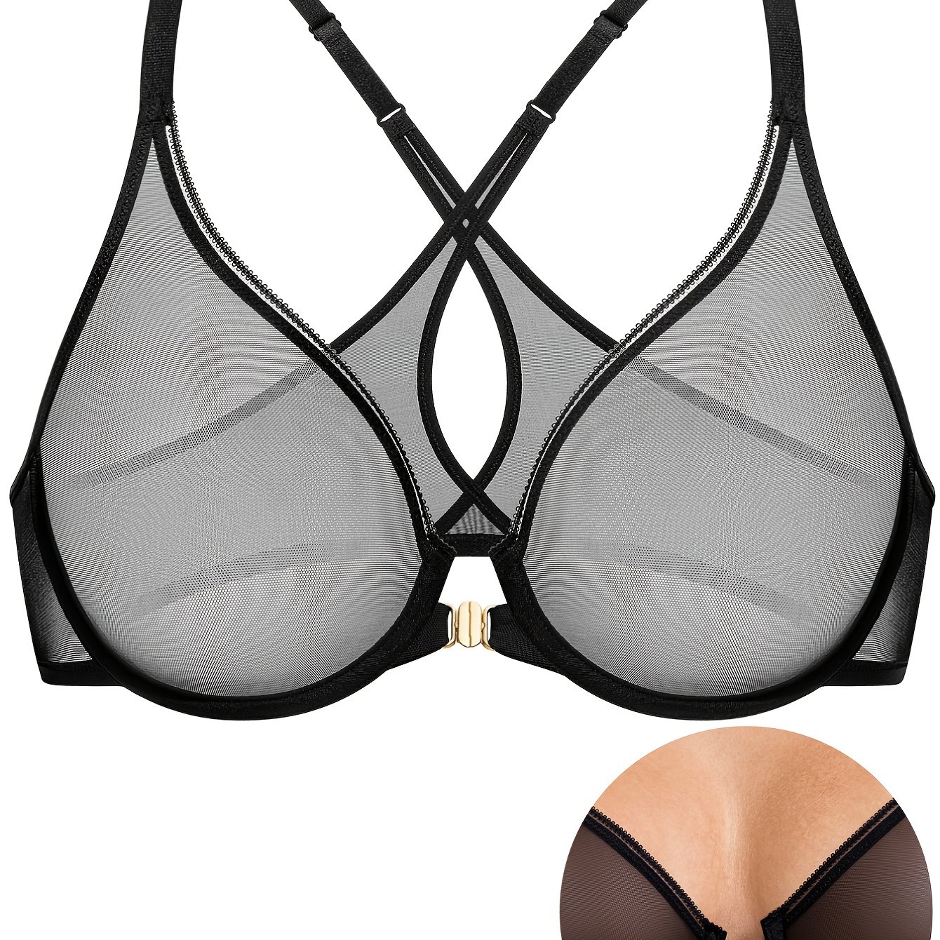 Plus-size Sexy Underwire Bra | 3/4 Cup Demi-deep V Front Closure, Sheer Mesh & Lace Trim, Crisscross Back, Ultra Thin , Fashionable Support For Women