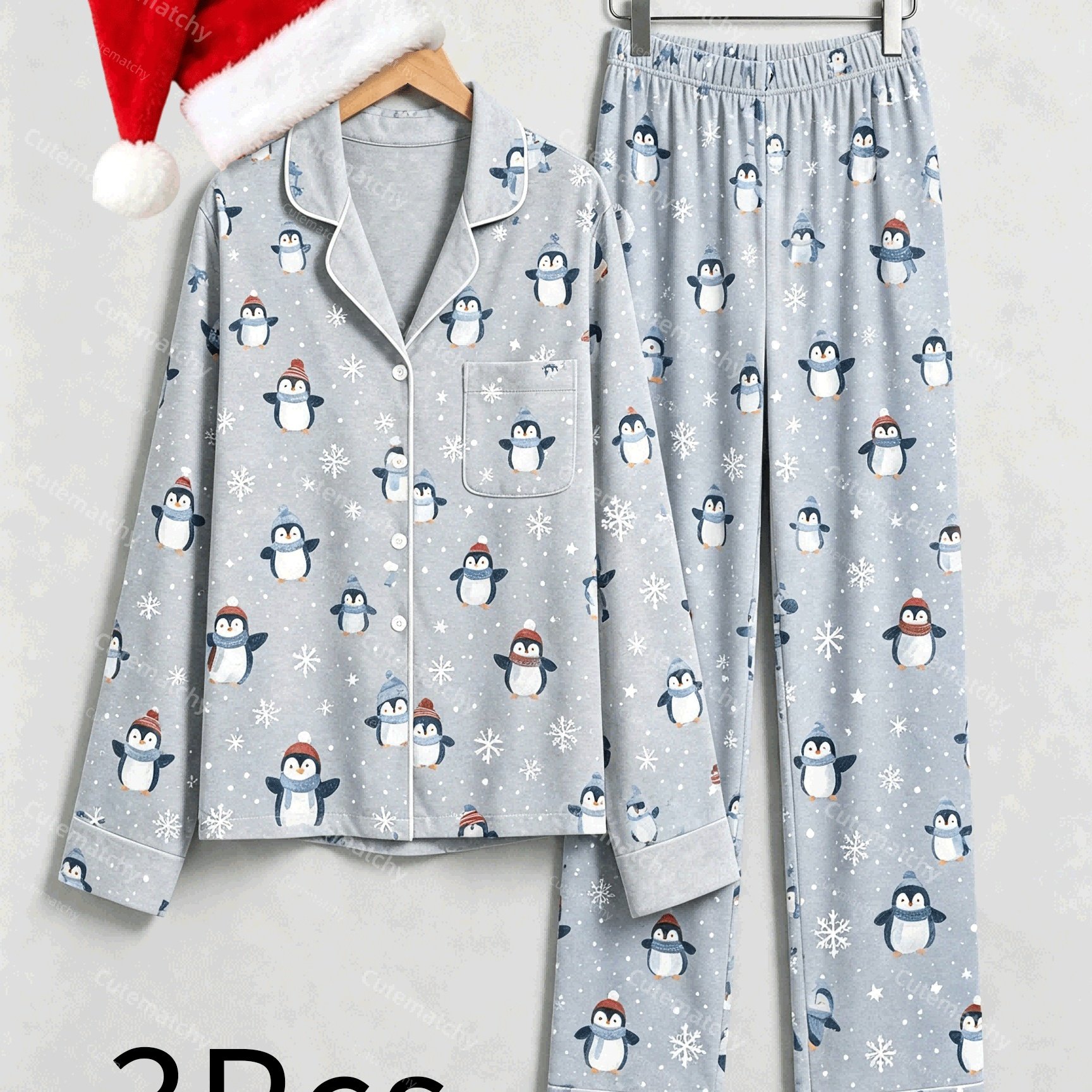 Image of 3pcs Christmas And Snowflake Print Pajama Set, Long Sleeve Button- Sleepwear With Santa Hat, Cozy Holiday Loungewear For Women
