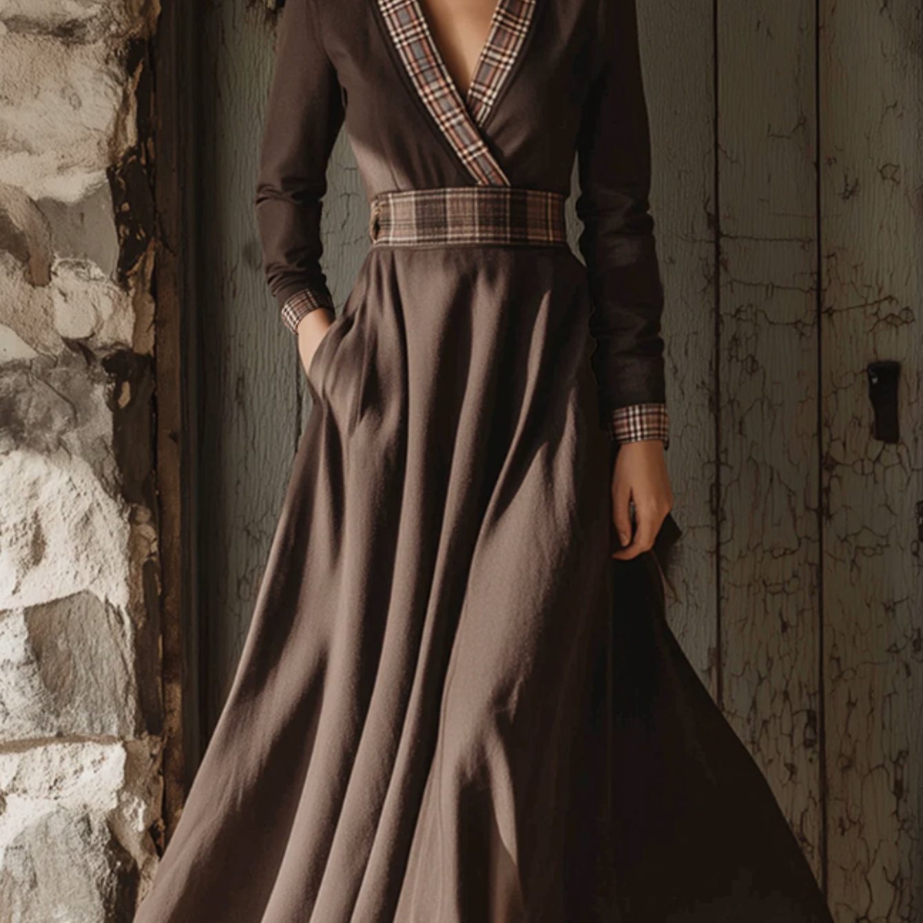 Image of Brown V-neck Waist-cinched Maxi Dress Women' Piece | Retro Elegant Temperament Style, Perfect For Autumn & Winter Street Wear And Casual Occasions Looks