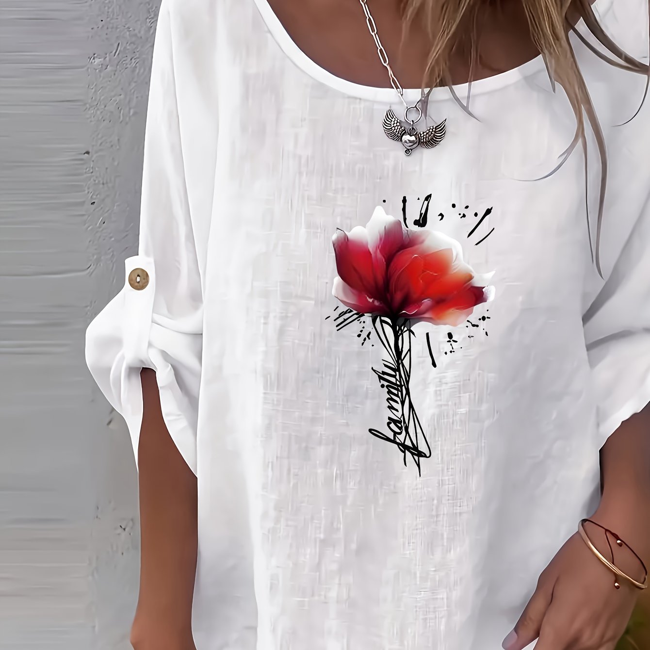 TEMU Elegant Women's Shirt - Solid Color Round Neck Casual Fashion Top With Embossed "red Dahlia" Print, Button Details, Loose Fit Suitable For