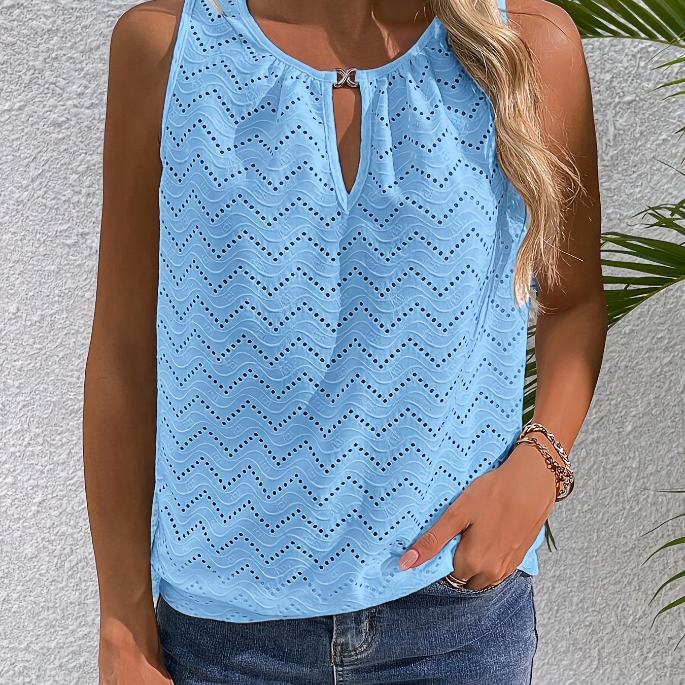 TEMU Elegant Casual Solid Color Eyelet Round Neck Tank Top
