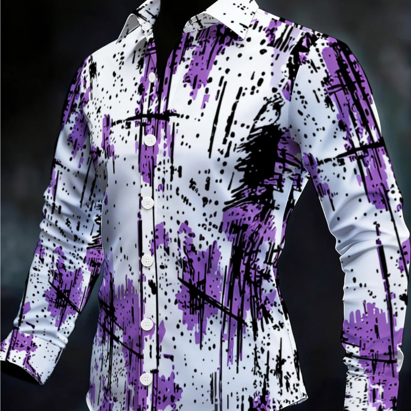 TEMU Ink Splatter Abstract Graffiti Men's Long-sleeved Shirt, Turn- Collar, Single-breasted, Casual And Versatile Top