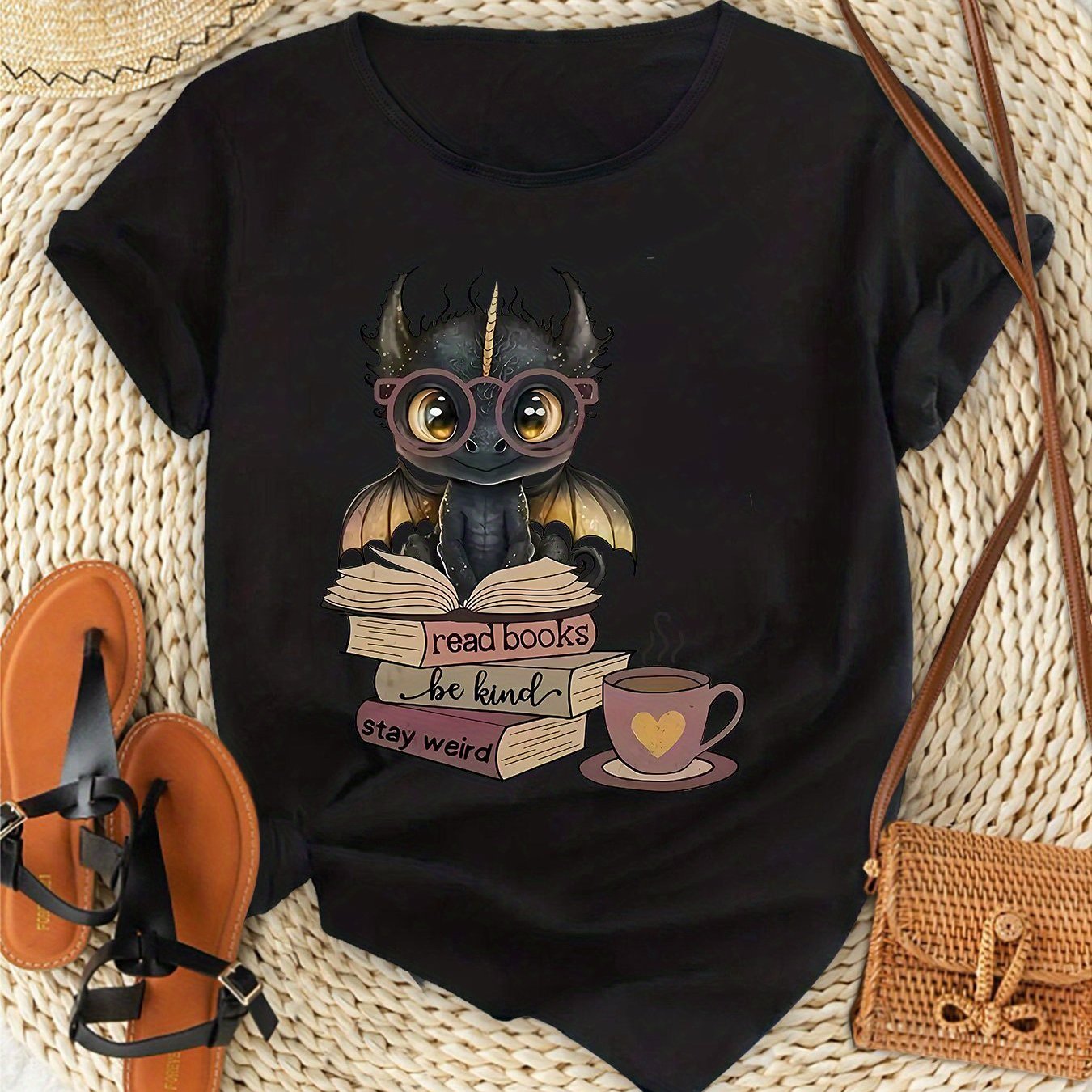 TEMU Women's Plus Size Fashion Apparel, Cartoon Dragon Wearing Glasses Reading A Book And Coffee Cup Pattern, Beautiful And Elegant Ladies' Party
