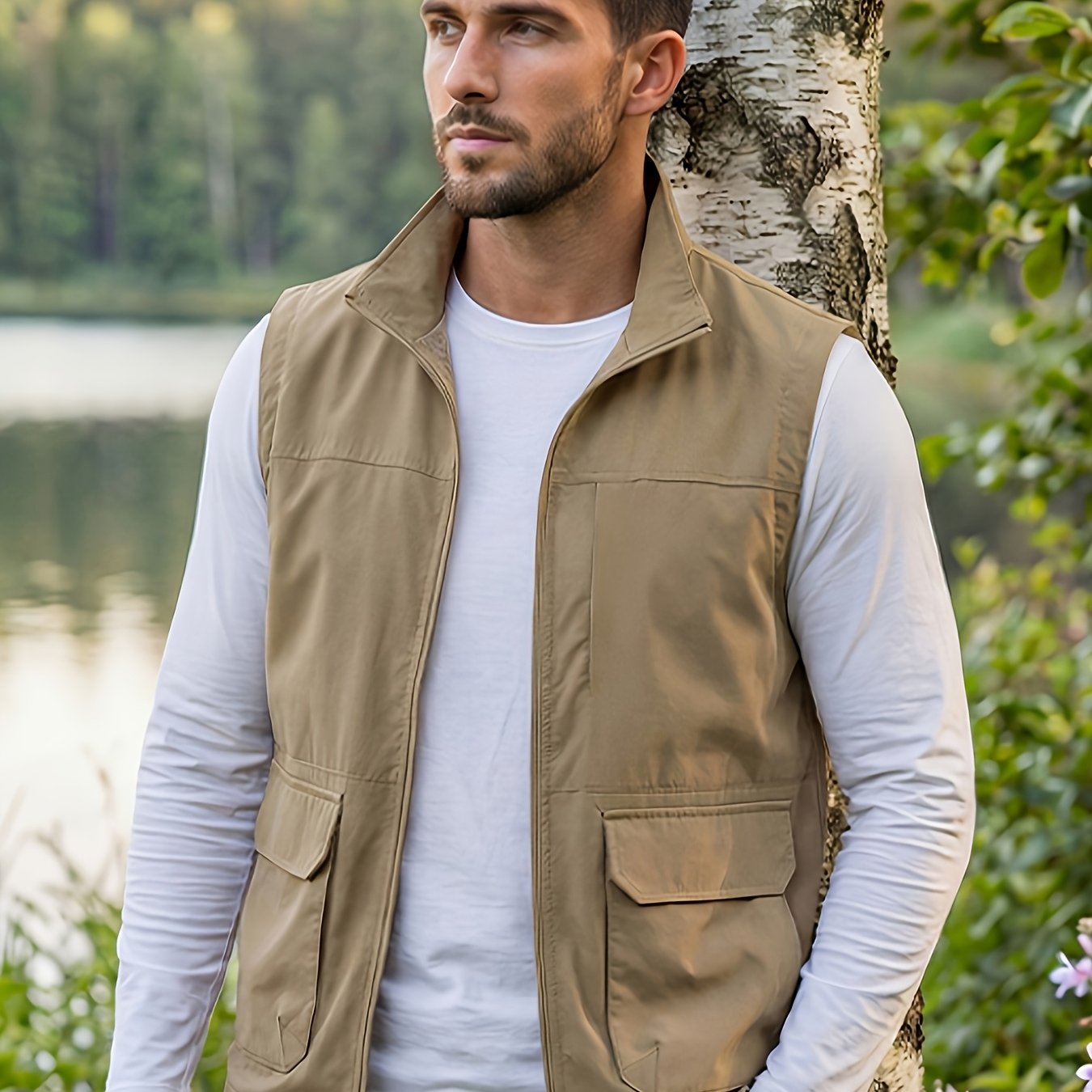 TEMU Men's Spring And Summer Casual Sports Vests, Featuring A Collar And Multifunctional Design, Equipped With Multiple Pockets, Lightweight, Ideal