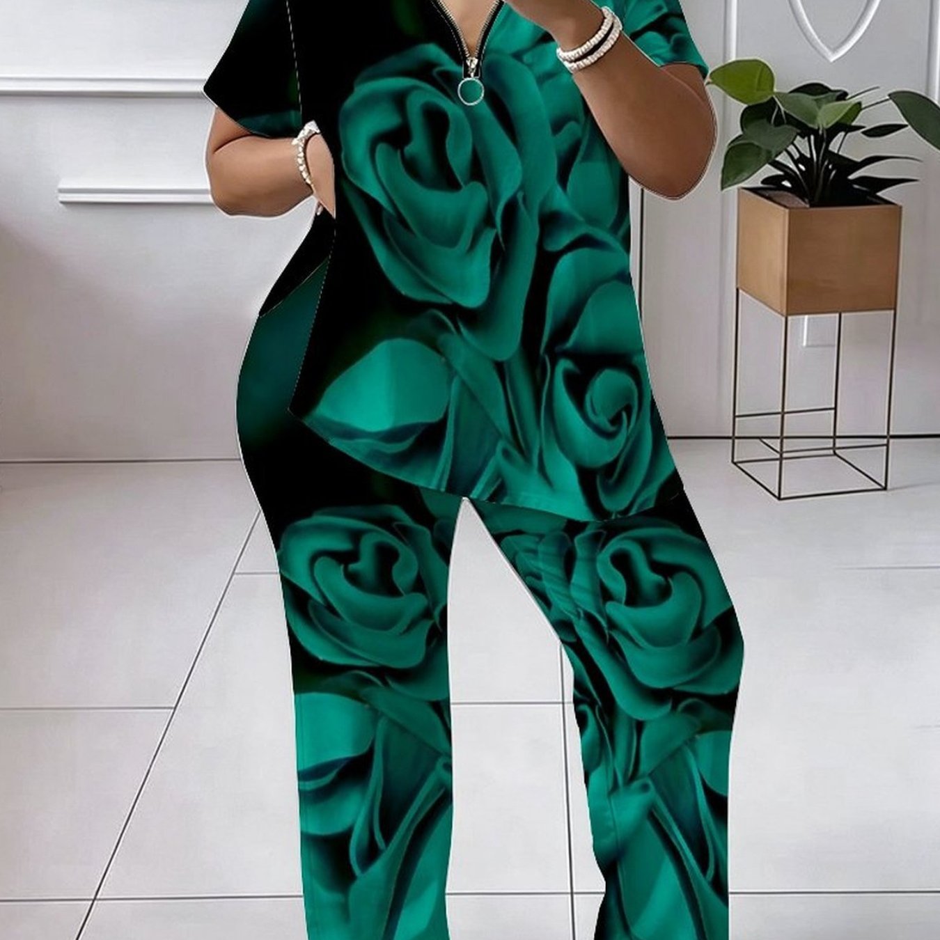 Image of Plus Size, Women's Suit, Plus-size Women's Suit, Full-body Floral And Tree Pattern, Casual Party, Comfortable Material, Stylish And Unique Short-sleeve Top, Comfortable And Breathable Pants Set