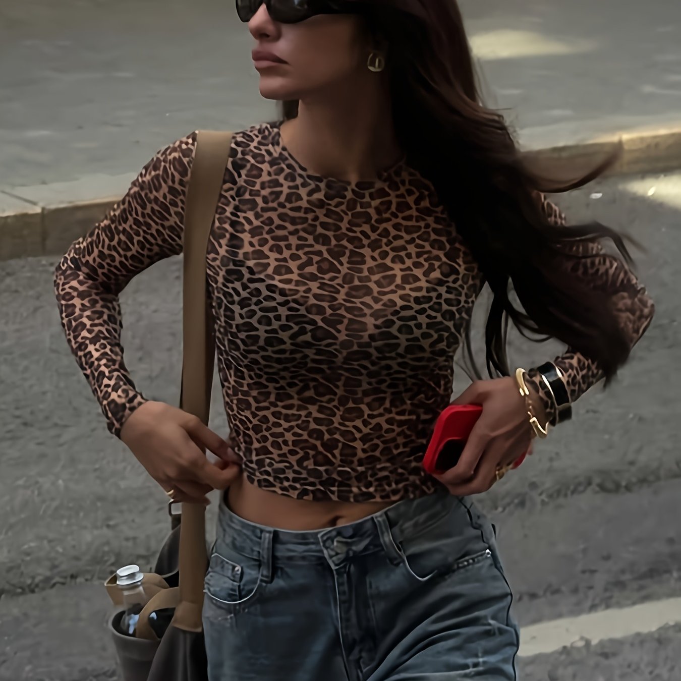 Stylish Leopard Print Sheer Mesh Long Sleeve Top for Women - Slim Fit, High Neckline, Short Sleeve, Lightweight &amp; Breathable Polyester Blend, Perfect for Spring/Summer/Fall