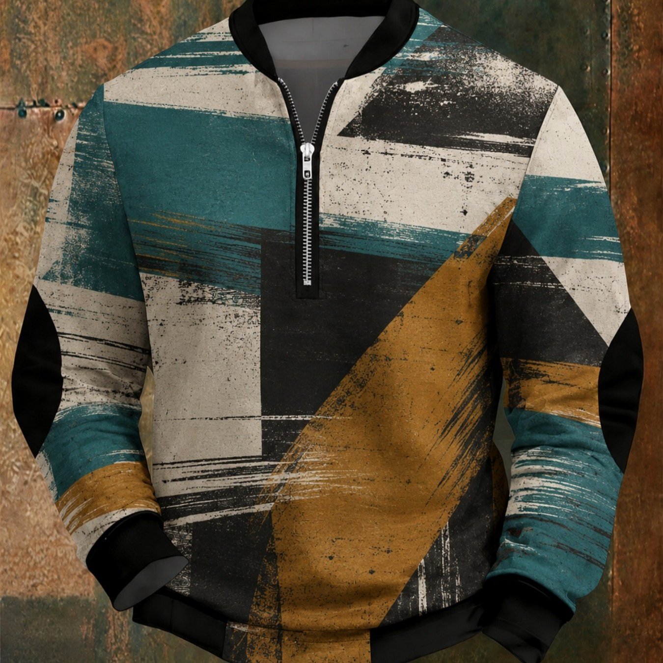Image of New Arrival Men's Half-zip Stand Collar Long Sleeve Sweatshirt Retro Distressed Style Fashion Versatile With Unique Machine Washable Teal Beige Black And Block Base Geometric Color Block Pri