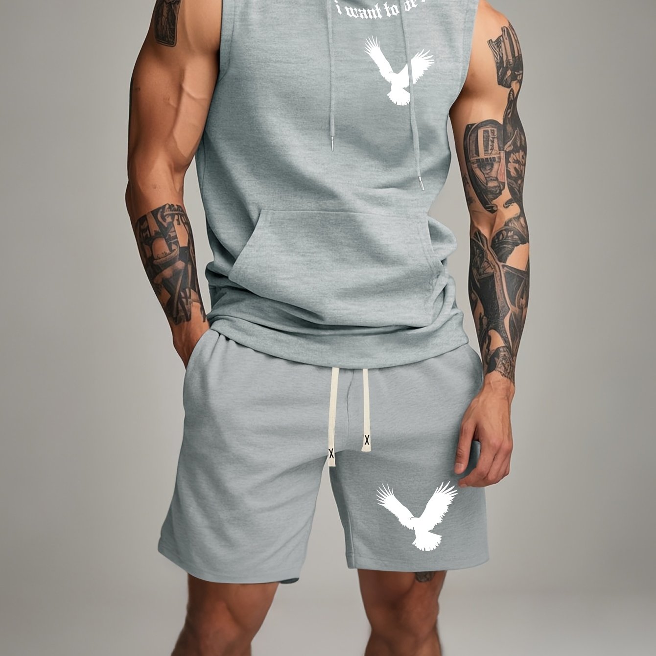 TEMU Spring, Summer, And Autumn Casual Brand Minimalist Vacation Elastic Print Set In Colors, Featuring A Full-zip Hooded Vest And Shorts