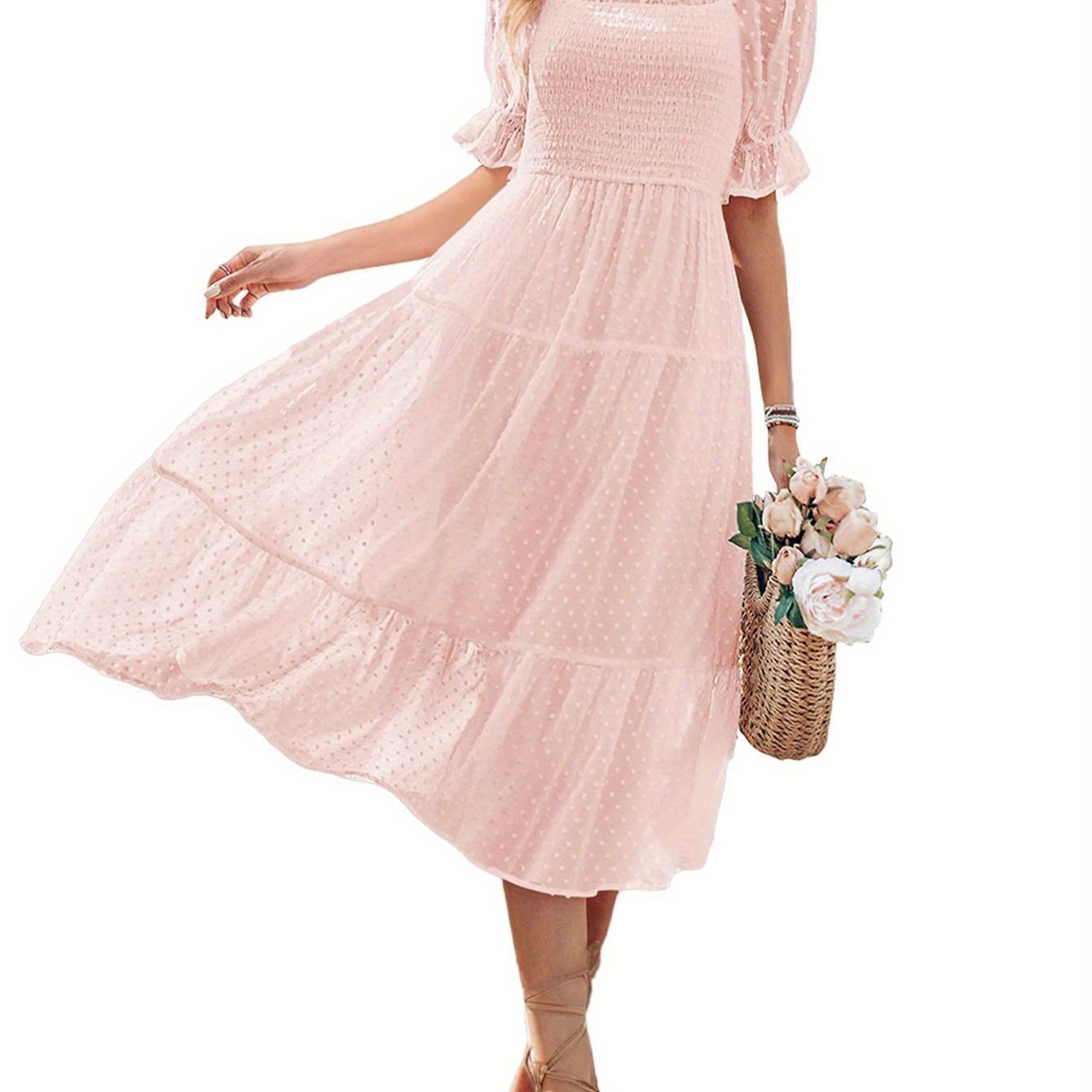 womens square neck puff sleeve boho midi dress   dot ruffle tie back dress