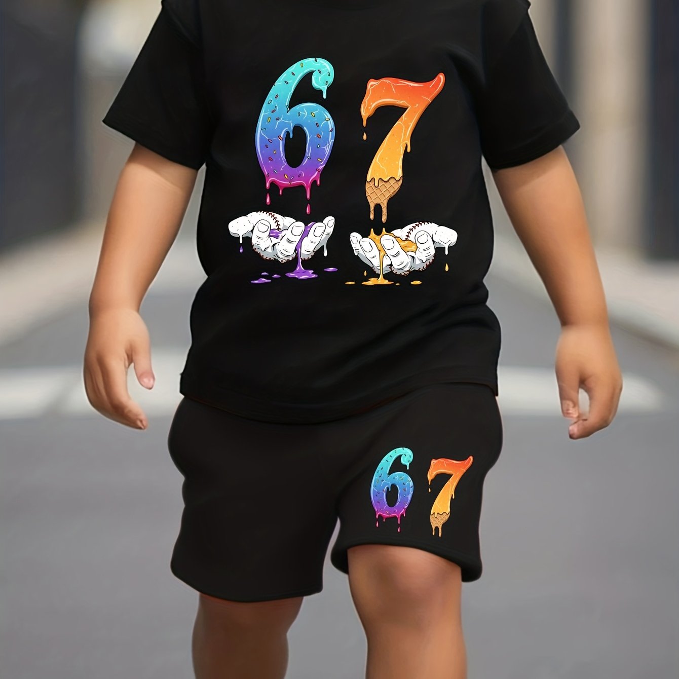 Boy's "67" Gradient Number Print Trendy Cool Comfortable T-shirt And Shorts Set, Perfect For Outdoor