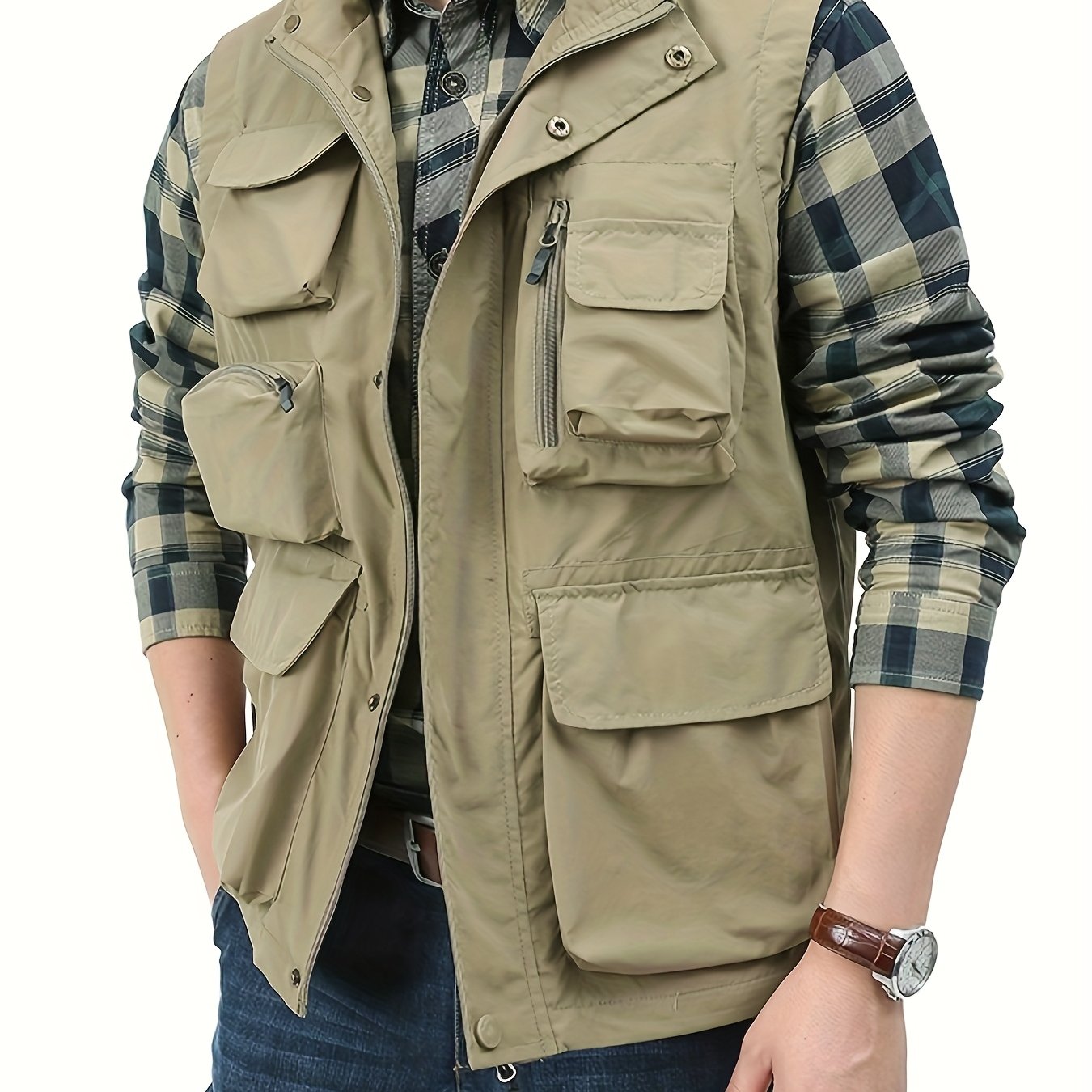TEMU Men's Casual Work Vest With Multiple Pockets, Suitable For Fishing, Travel, Hiking, And As A Sleeveless Work Jacket
