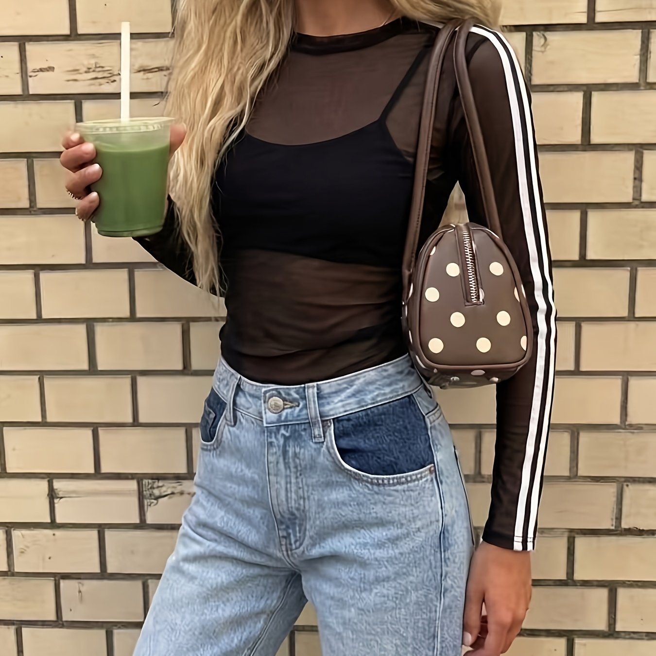 TEMU Y2k Outfit Black Mesh Striped Long Sleeve T-shirt Women's