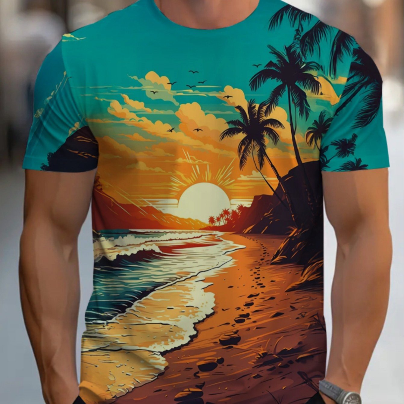 TEMU Men's T-shirt For Summer, Featuring A Breathable And Comfortable Design With A Tropical Beach Pattern, Perfect For Casual And Gatherings