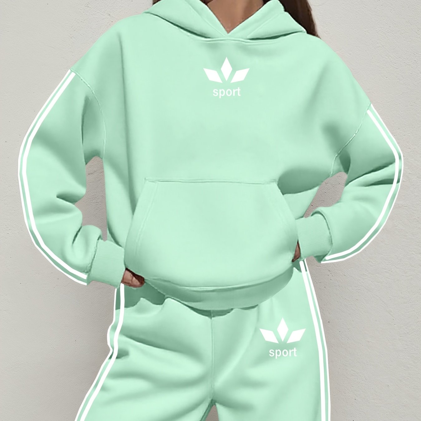 Image of 2025 Women's Fashion Set Double Stripe Hooded Set Letter Contrast Print Two-piece Outfit Casual Trendy Streetwear