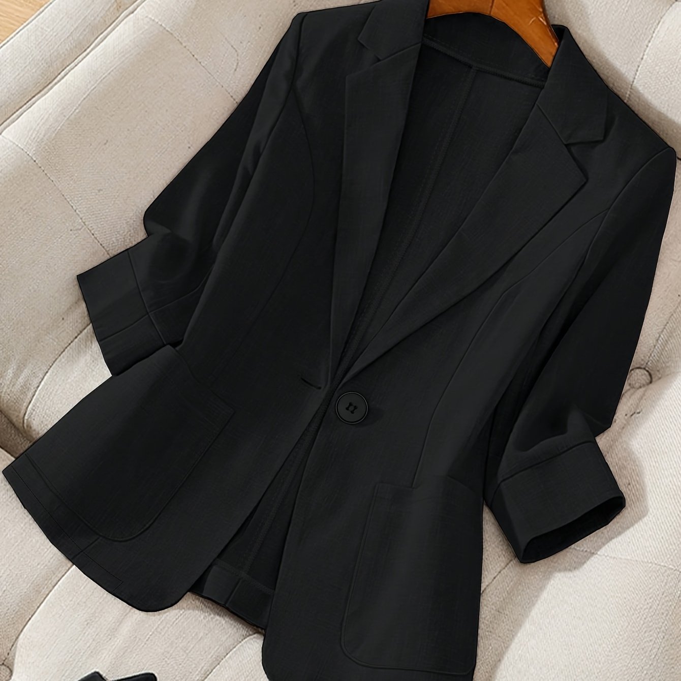 TEMU Veste de costume grande taille pour femmes, couleur unie, col à revers facile, manches 3/4, idéale pour les quotidiens