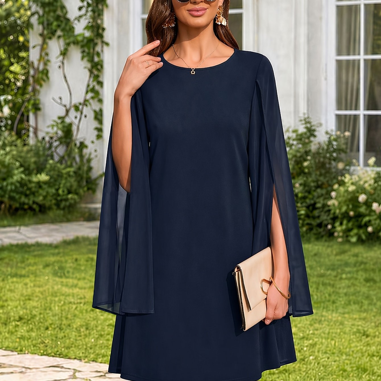 TEMU Robe pour femme, coupe trapèze avec manches cape et jupe courte - Robe courte unie à col rond, pour les , , , les fêtes | Robe-chemisier lavable