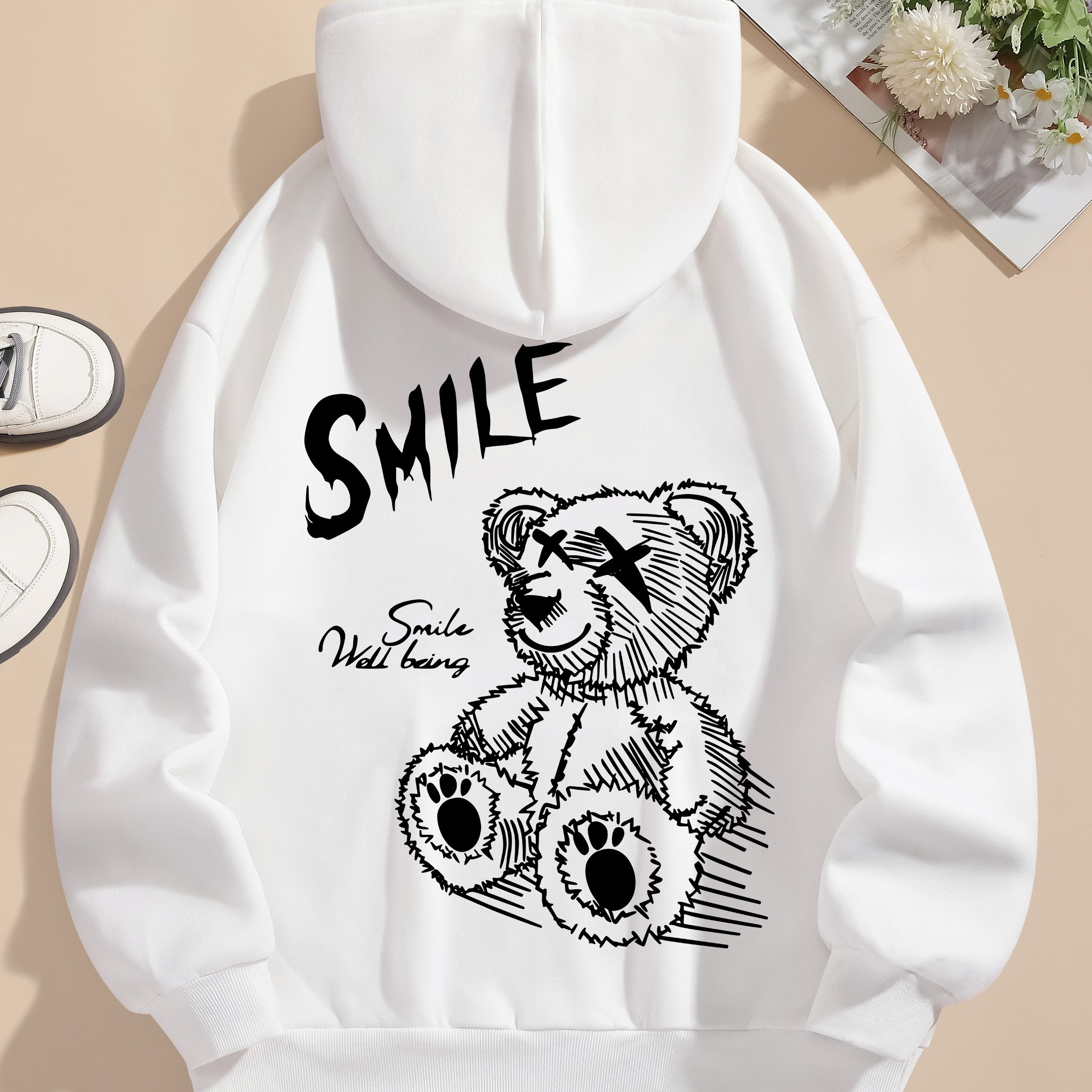 TEMU Teddy Bear & Letter Print Long Sleeve Hooded Pullover Sweatshirt With Kangaroo Pockets, Women's Sportswear For Fall & Winter, Outdoor Wear