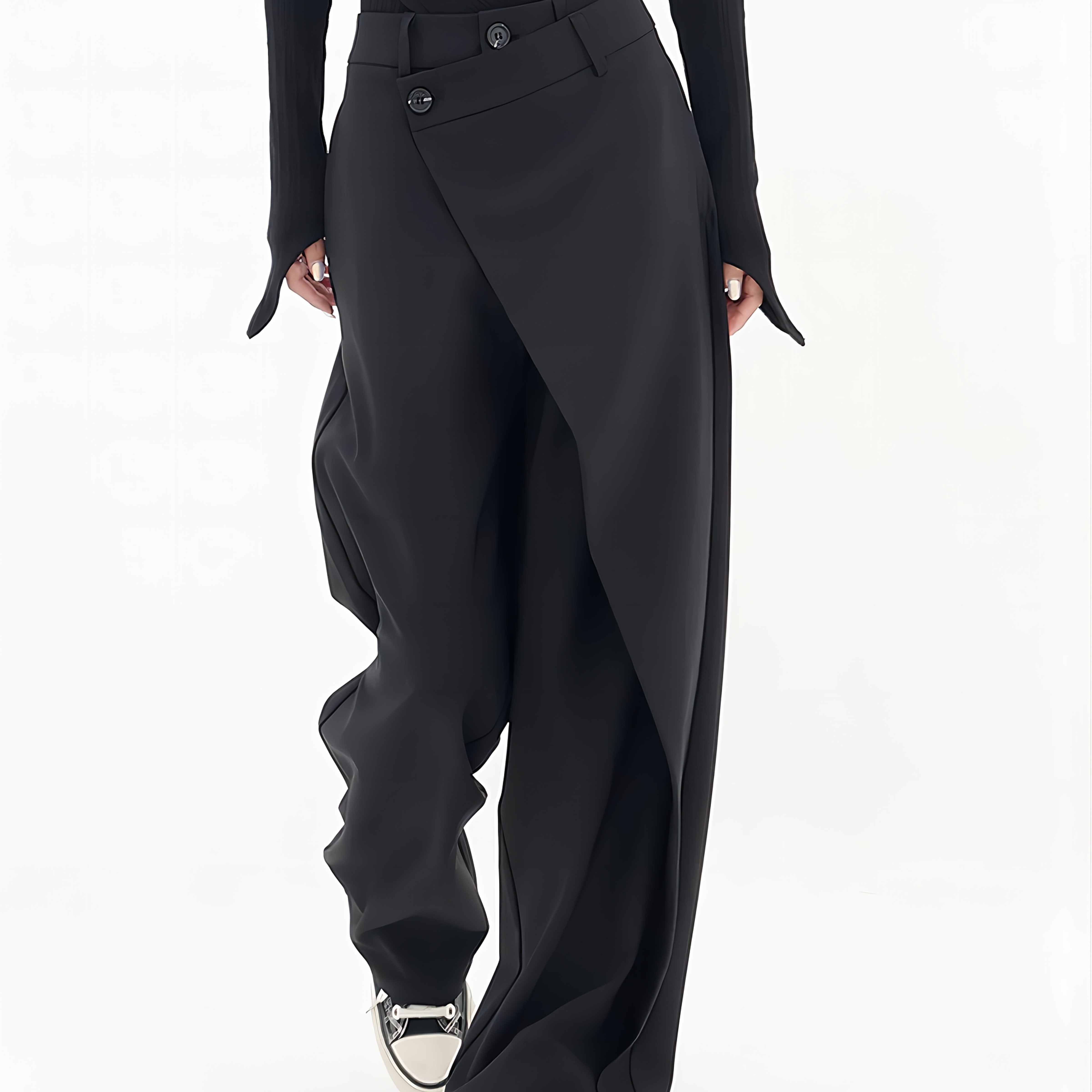 New Women's Asymmetrical Long Pants, Loose Wide-leg Trousers With Asymmetrical Layered Buttons