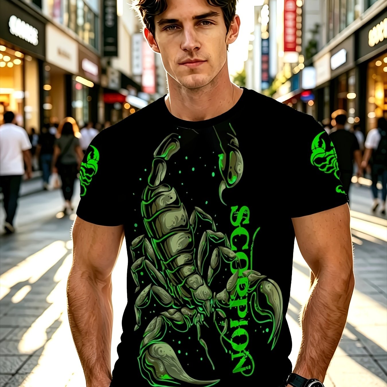 TEMU Men's Summer Patterned T-shirt - Scorpio Number Print, Fluorescent Green And Design, Breathable Short-sleeve Crew Neck Top, For Casual Wear,