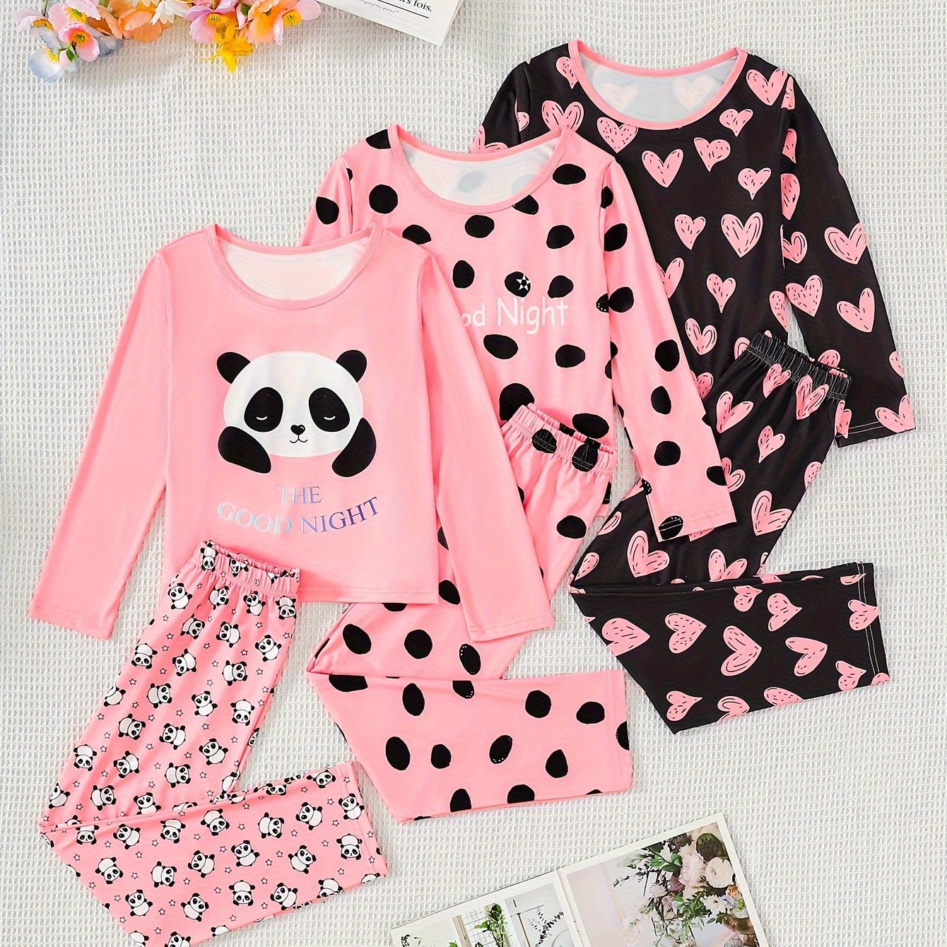 Image of 6pcs Set For Girls Featuring Long Sleeves And Pants, Round-neck T-shirt With Panda And , Stretchy Knit Sports Casual Outfit In 3 Colors, Thermal Underwear Multi-piece Set, Fall And Winter Clothes