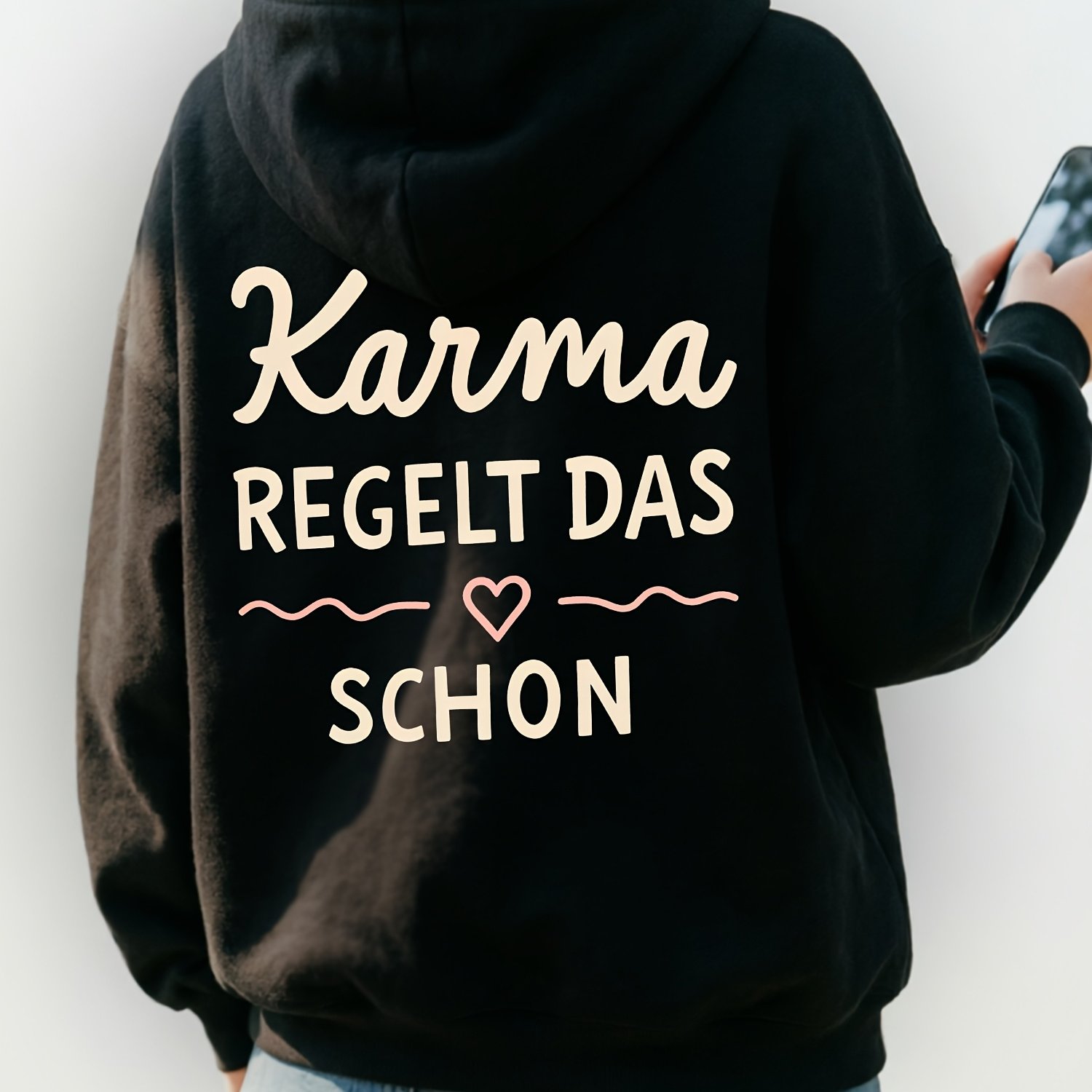 Image of Slogan Back Print Hoodie, English Text Loose Casual Pullover Sweatshirt, Suitable For Women's Elegant Casual Pocket Hooded Hoodie Top