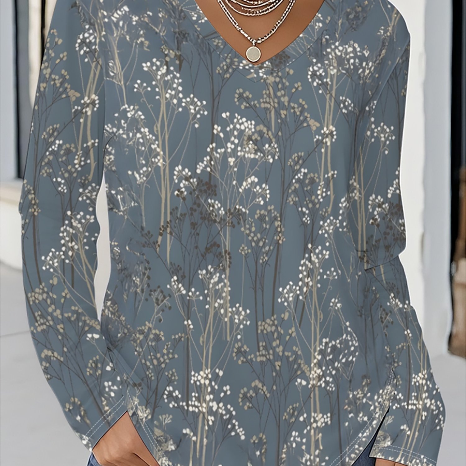 TEMU Plus Size - Plus Size - Plus Size Printed Design - New Women's Spring And Autumn Fashion Plant V-neck Long Sleeve T-shirt, Loose , Suitable For