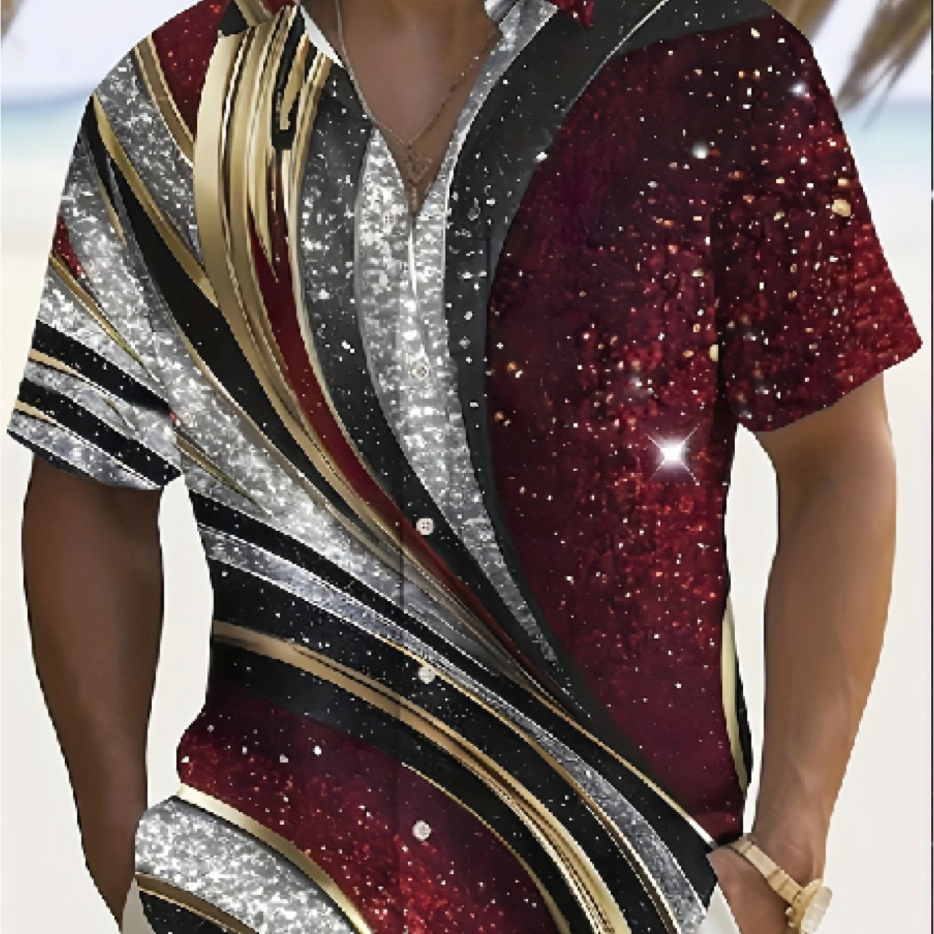 TEMU [printed Design - Not Textured] 2026 Summer New Arrival Men's Plus Size Shirt, Men's Glitter Rhinestone Striped Short Sleeve Shirt, Light Luxury