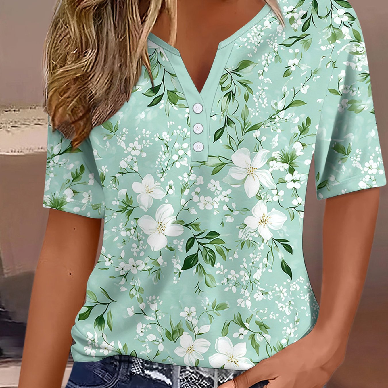 Plus Size, Summer 2026 New Plus Size Women's Short Sleeve Printed V-neck Button-up T-shirt