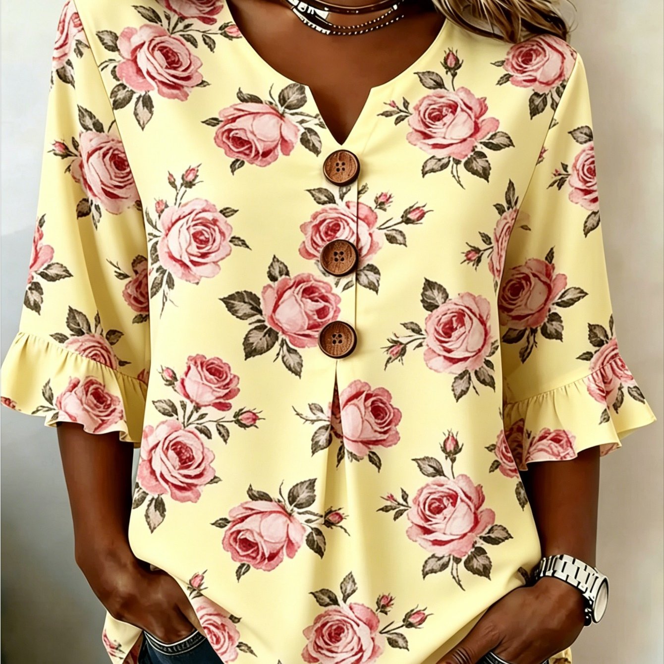 Image of Plus Size, Large Size Women's V-neck Fabric Pink Rose Printing Casual Top, Suitable For Spring And Summer Travel And Daily Wear, Is The Gift For Mothers And Sisters