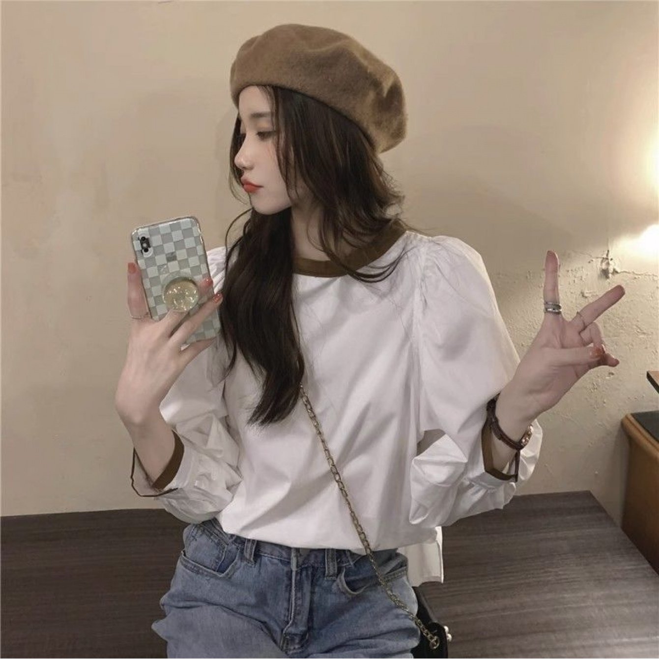 TEMU 【新作】韓国風ルーズフレンチ長袖シャツ、デザイン重視のプルオーバー、レディース