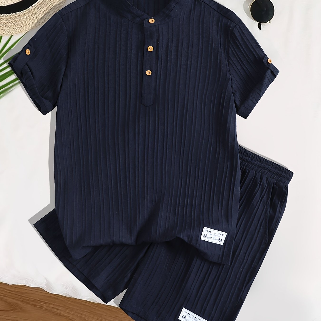 E-shop Herren Sommer Letter Patch Kurzarmhemd + Shorts mit Schrägtaschen und Kordelzug-Set