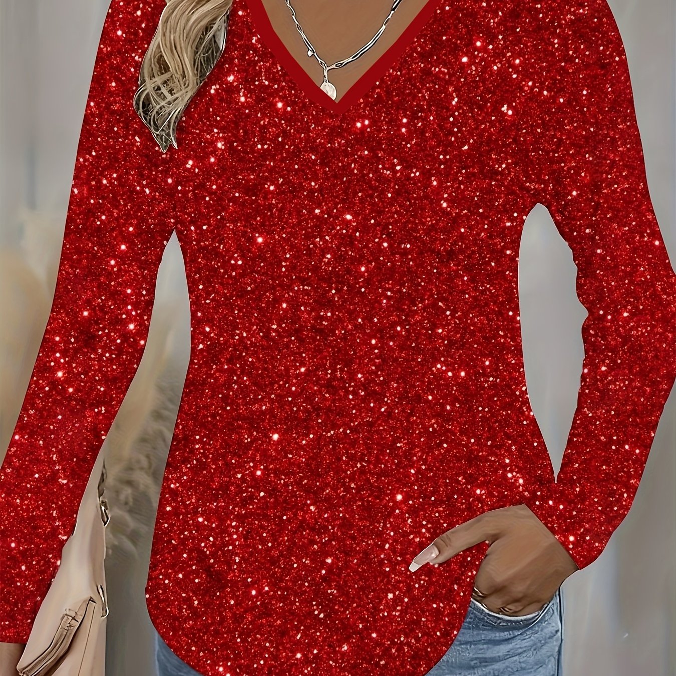 TEMU Damen-Top mit bedrucktem Design, elegant stilvoll, mit V-Ausschnitt, lässige vielseitige Damenbekleidung, bezauberndes glänzendes Langarmshirt –