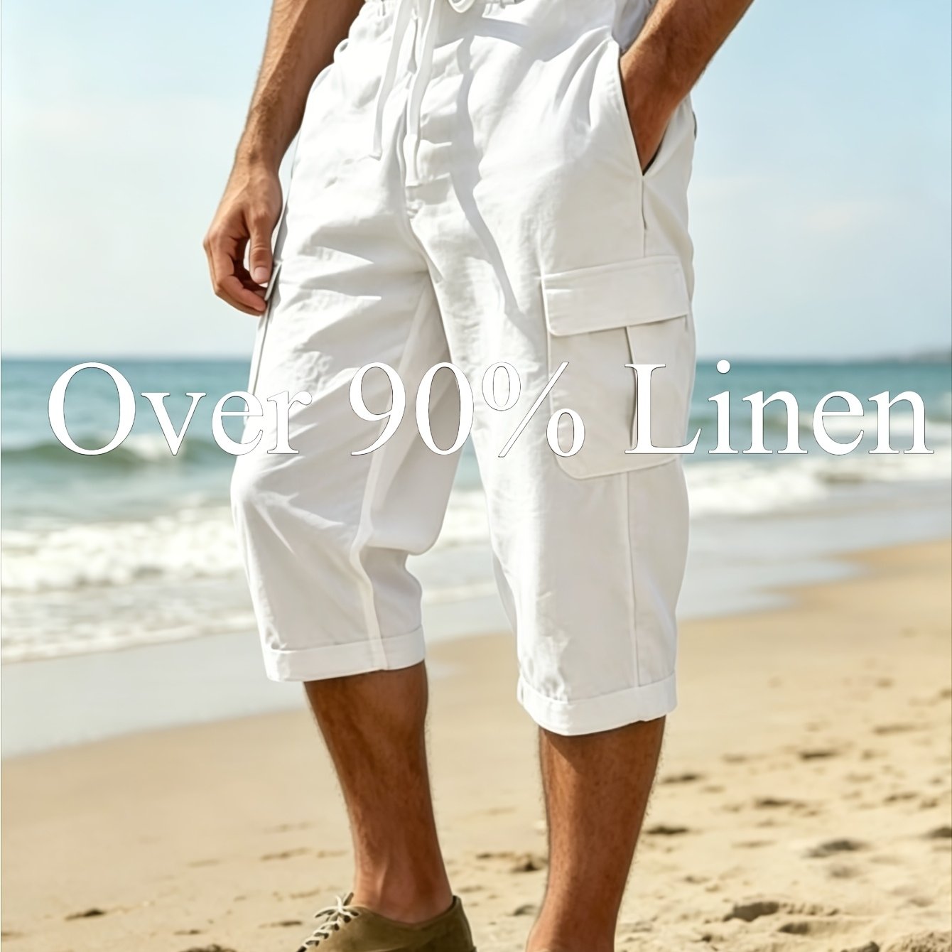 Men White Workwear -point Shorts, 95% Linen, Loose Lightweight Breathable Casual Summer Bottoms (refer To Size Chart)