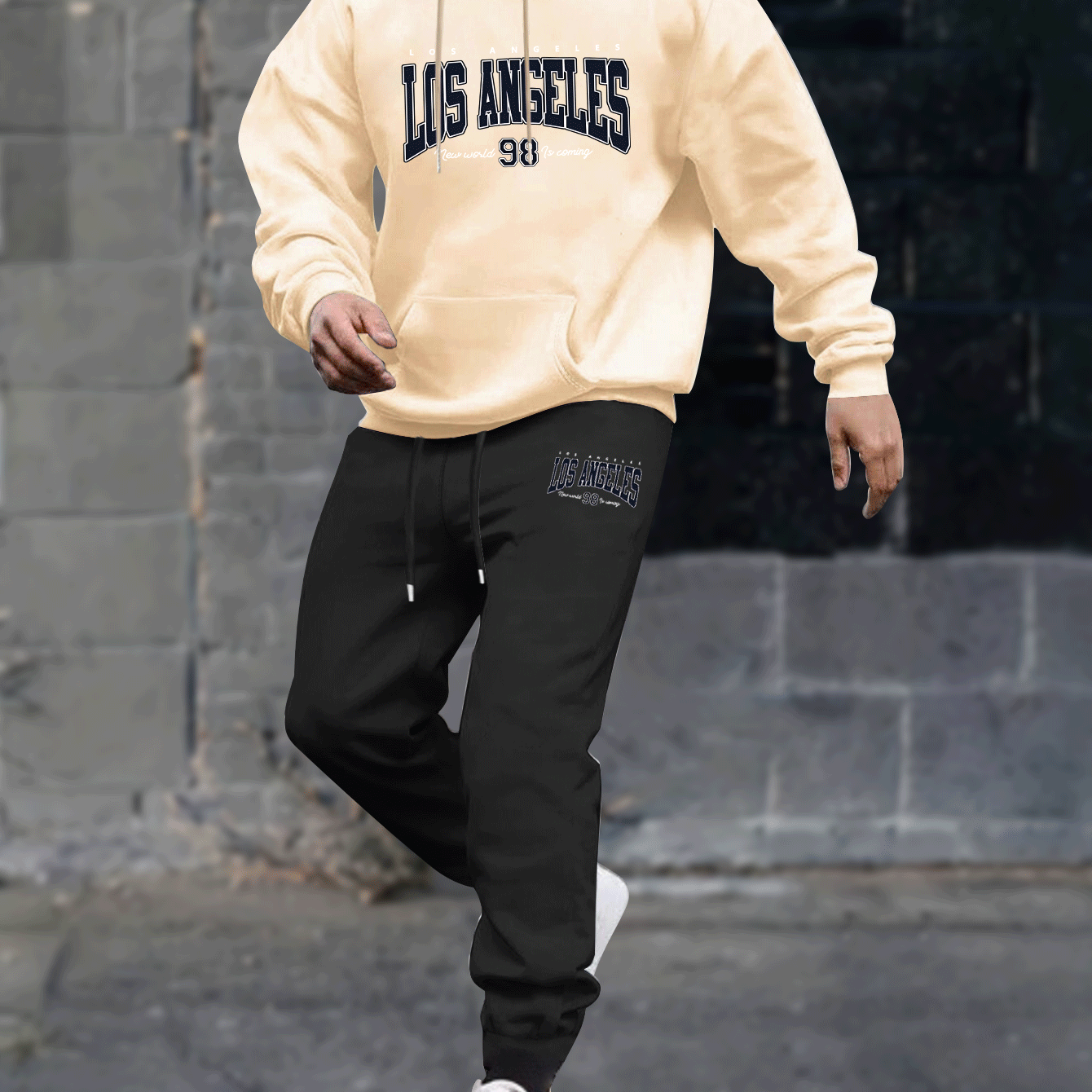 TEMU Los Angeles Print, Men's 2pcs Outfits, Casual Crew Neck Long Sleeve Hoodie Sweatshirt And Sweatpants Joggers Set For Winter & Fall, Athletic