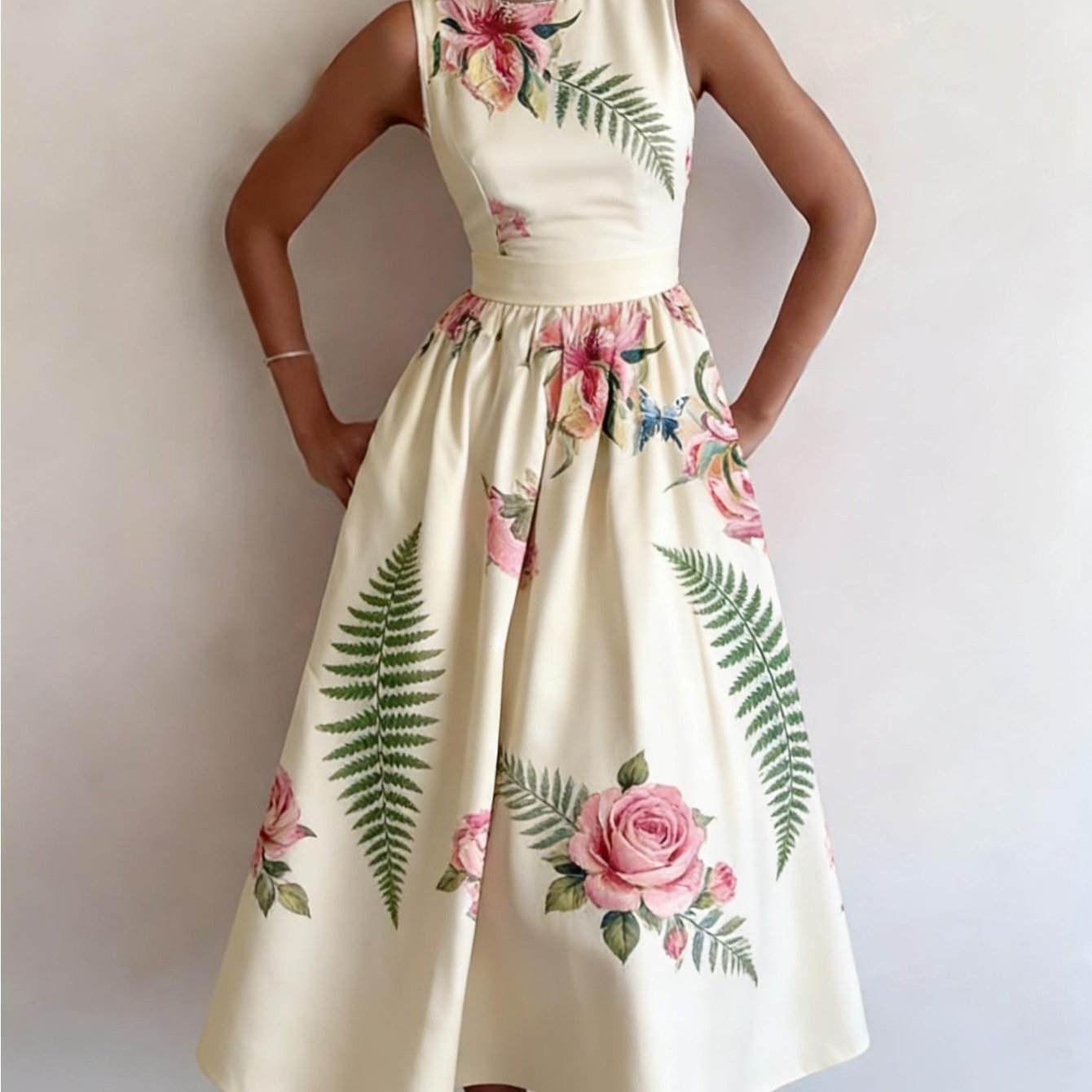Elegant Bohemian Resort Style Party Dress, Beach Vacation Series, Colorful Full-print , Round Neck, Waist-cinching, Sleeveless, New Women's Casual Dress