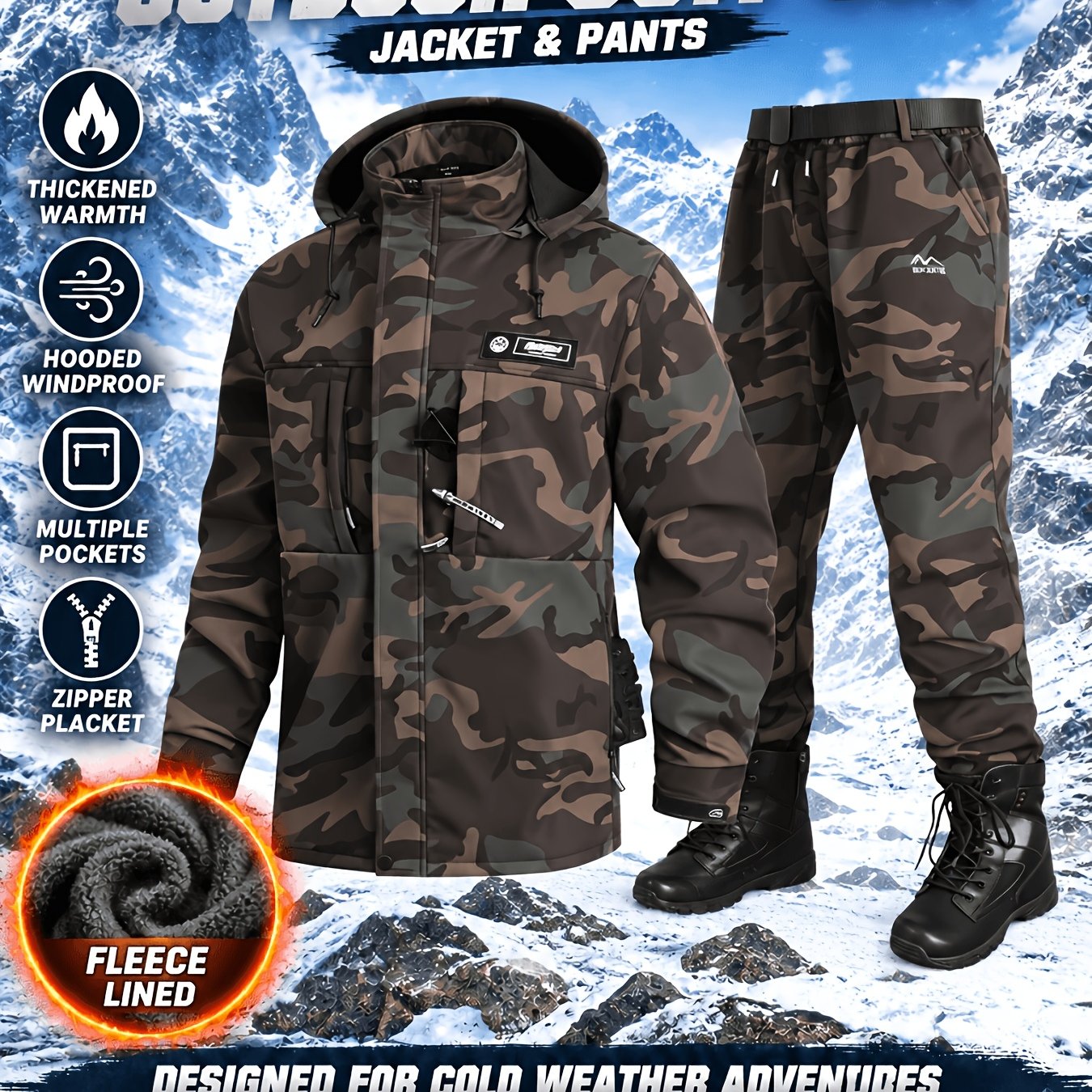 Men's Hooded Jacket & Thermal Pants Set for Cold Weather Activities