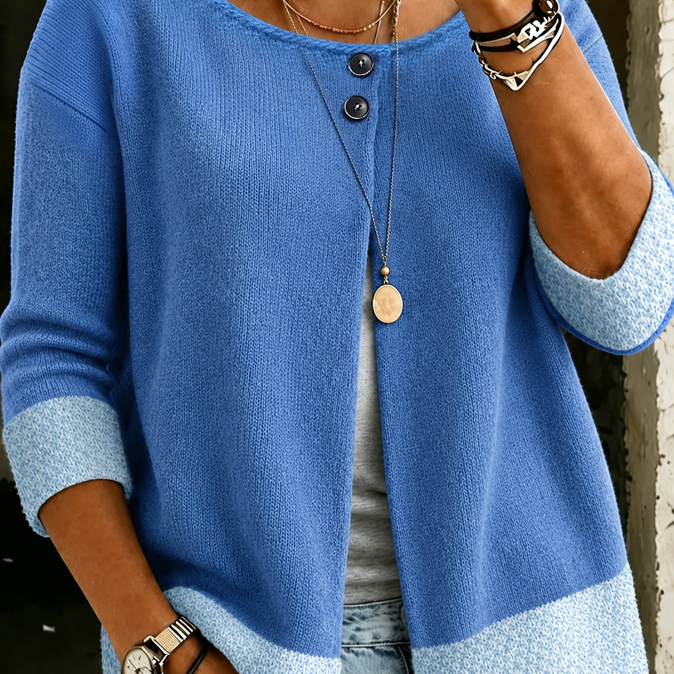 TEMU Autumn Winter Women' Color 3/4 Sleeve Cardigan Sweater Neck Button-up Hem Lazy Style Comfortable Fashion Casual Versatile Daily Vacation Wear