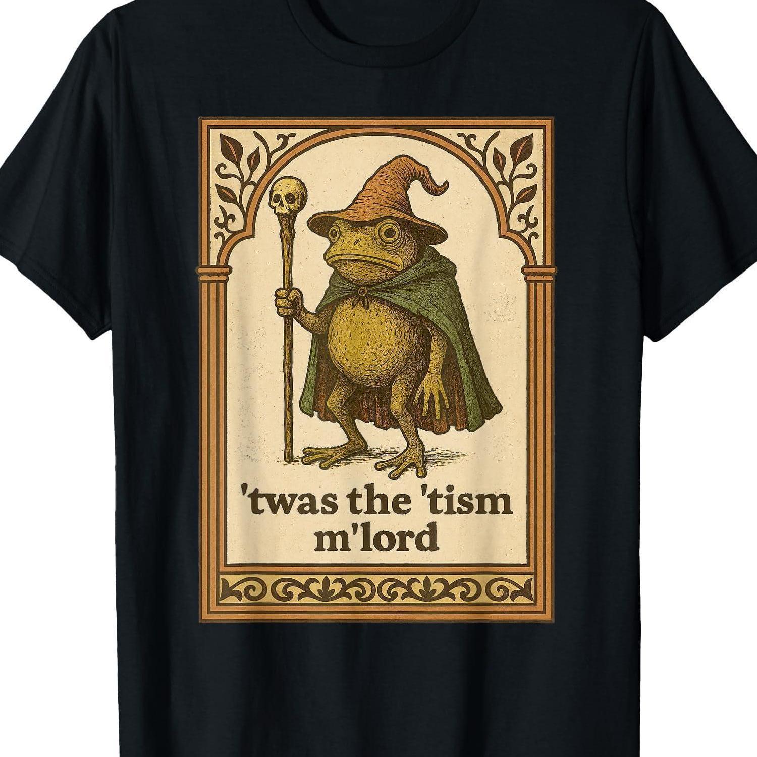 TEMU Men's Wizard Frog T-shirt - Vintage Gothic Wizard Frog & Print, 100% Relaxed Fit Short Sleeve Tee With Rainbow , Novelty Gamer Apparel For , Rpg