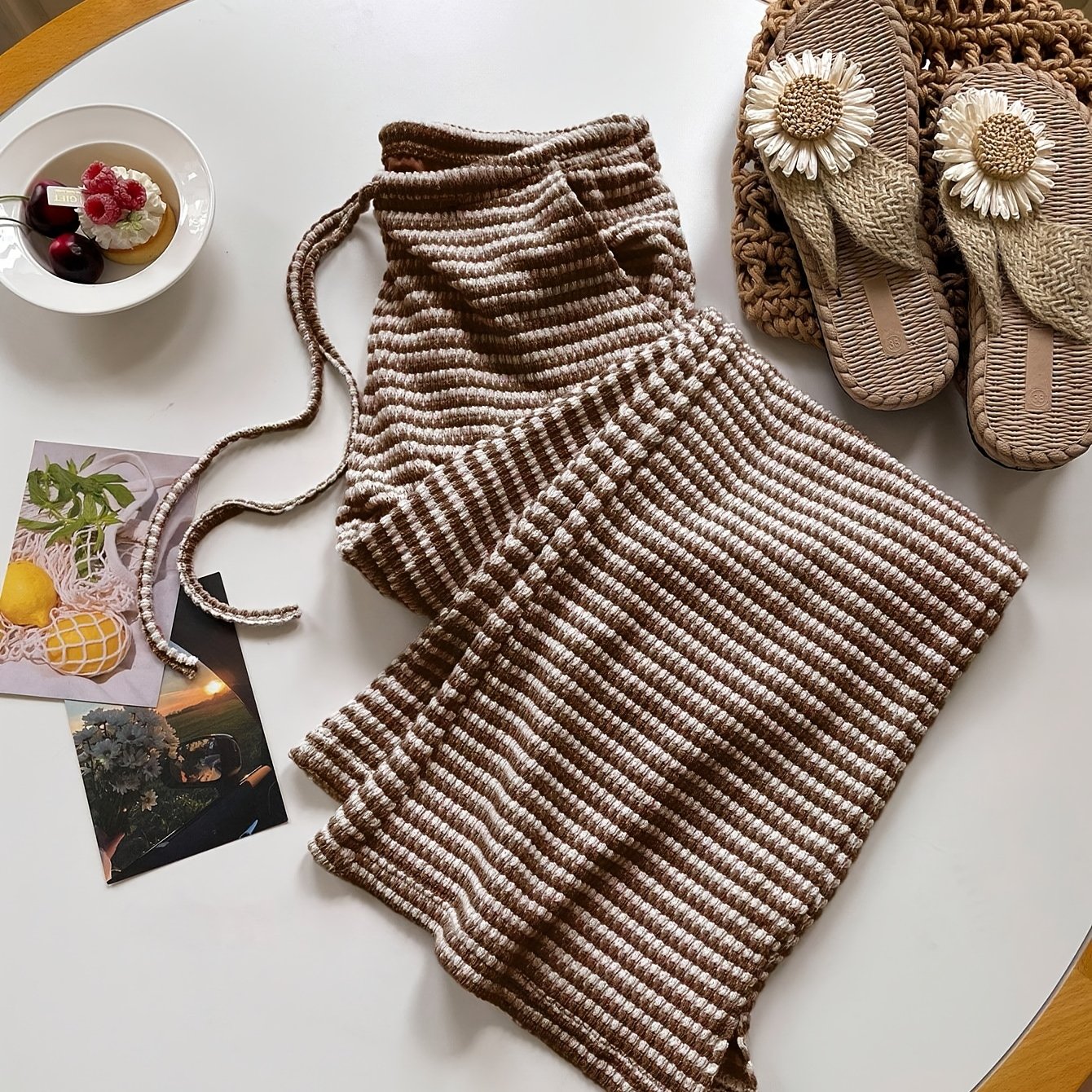 E-shop Gestreifte Damen-Hosen mit elastischem Bund und Kordelzug, lässige Weitbein-Schlaghose für Frühling/Herbst, Sommer & Winter