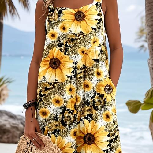 sleeveless chic sunflower print romper casual polyester spandex blend machine washable adjustable straps knee length jumpsuit with pockets for women