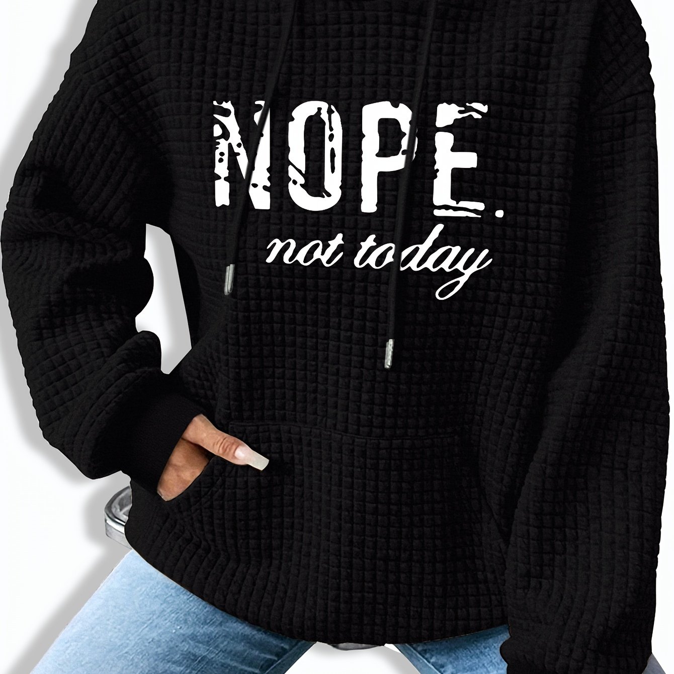 TEMU Letter Print Solid Waffle Kangaroo Pocket Hoodie, Casual Long Sleeve Drawstring Hoodies Sweatshirt, Women's Clothing