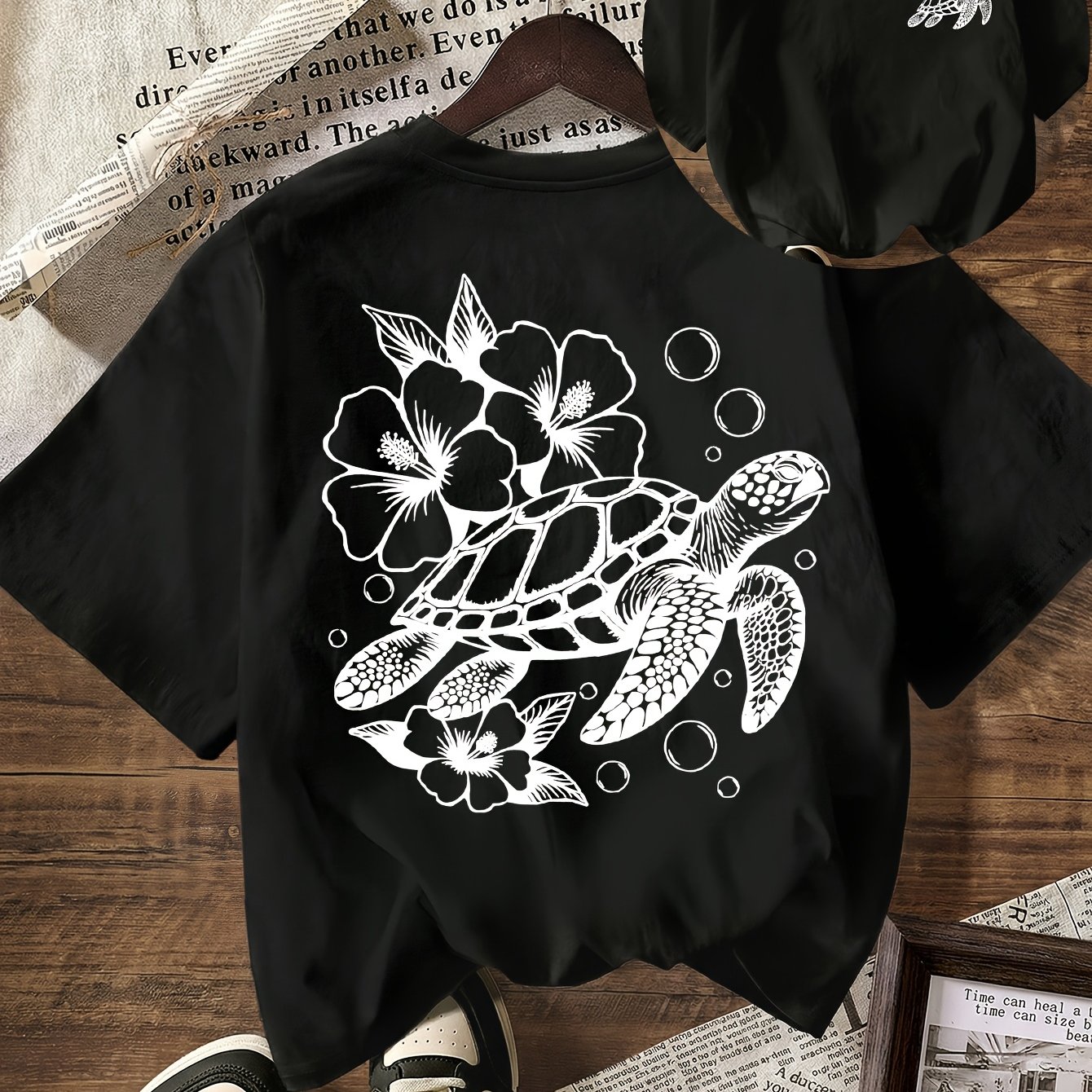 Image of A Turtle And Flowers Theme Designed Pure T-shirt Women's T-shirt High Quality T-shirt Summer Casual Wear For Beach And Great Gift For Who Life
