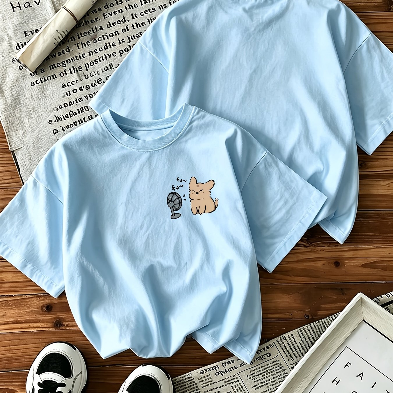 Image of Unisex Oversized T-shirt, Minimalist Cute Dog With Fan Chest Print, Short Sleeve Crew Neck Tee, Spring Summer Casual Streetwear Top For Men And Women
