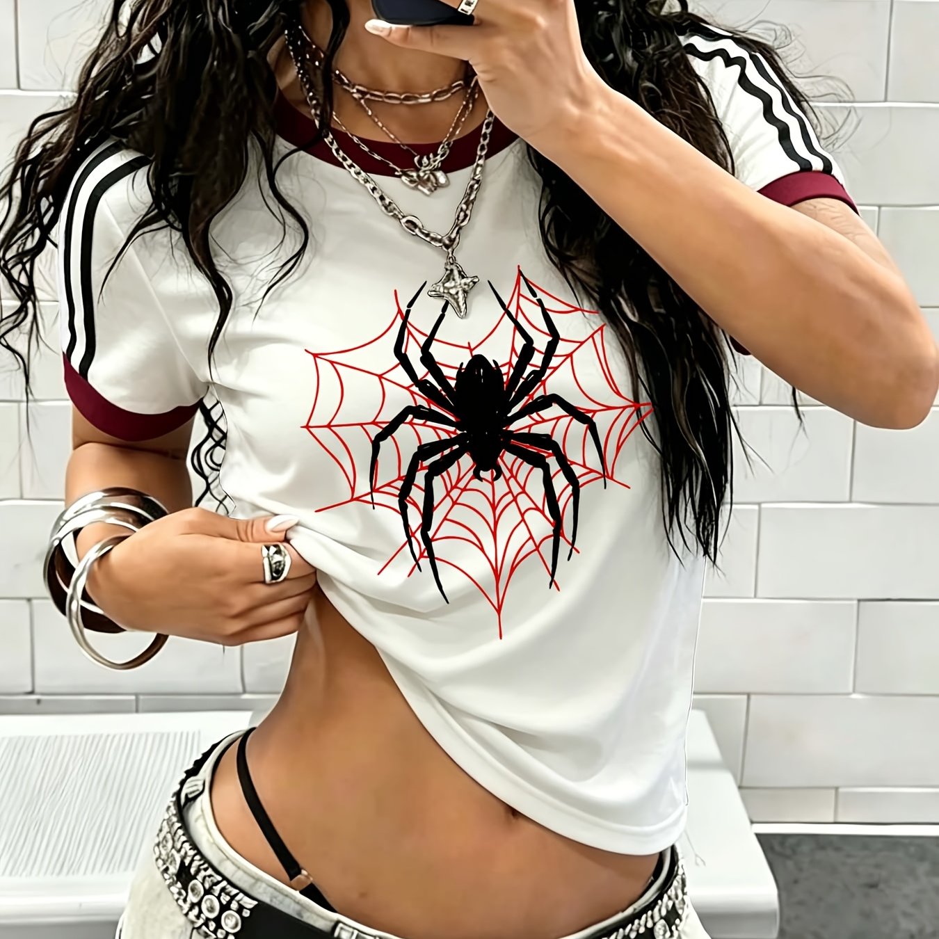 TEMU 1pc New European American Women's Contrast Trim Design Short Multicolor T-shirt Slim Short Sleeve - Cartoon Fun Retro Individual Niche Y2k Dark